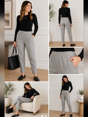 Babaton Wool Blend Pull On Dress Pants M Grey Tapered Elastic Waist Minimalist